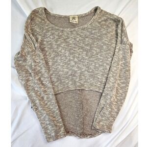 Double Zero Womens Small Tan Marled Knit High Low Button Back Long Sleeve Top